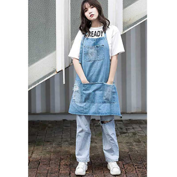 人気デニムエプロン　ダメージ入り　かわいい　おしゃれ　デニムエプロン　丈夫