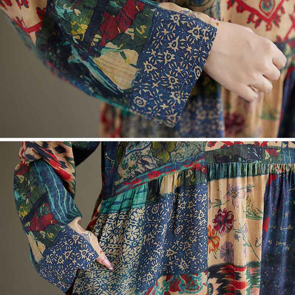 エスニック風　長袖　ロングマキシ丈　Ａライン　ワンピース　秋新作