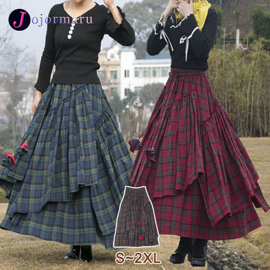 韓国ファッション　チェック柄　ボリューム感　Aライン　スカート