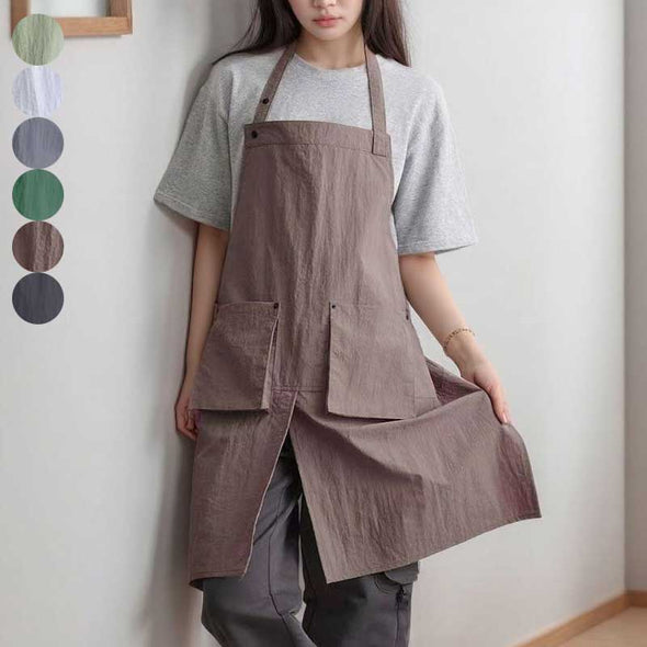 ナチュラル感　無地　スリット入り　動きやすい　エプロン　カフェ風