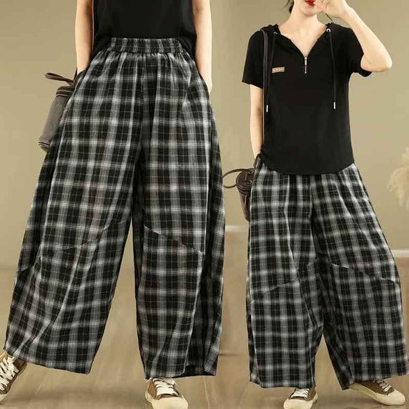 カジュアル　チェック柄　ワイド風　楽ちん　夏　パンツ