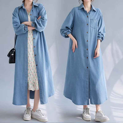 秋コーデ　薄手デニムロングアウター　羽織　ロング丈　