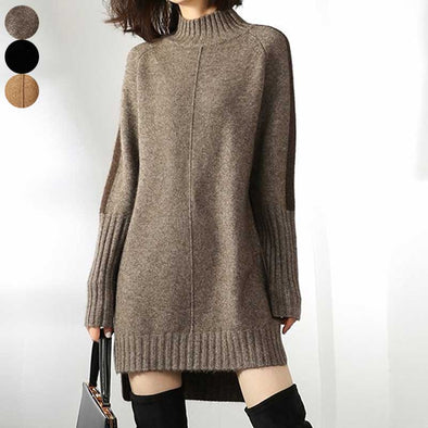 トレンドファッション　ハーフネック　アシメ裾　チュニック　ニットセーター