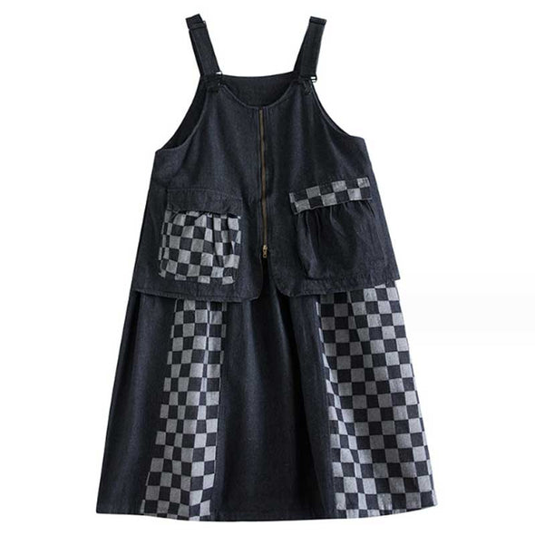韓国ファッション　レイヤード風　切替　チェック柄　デニムジャンパースカート