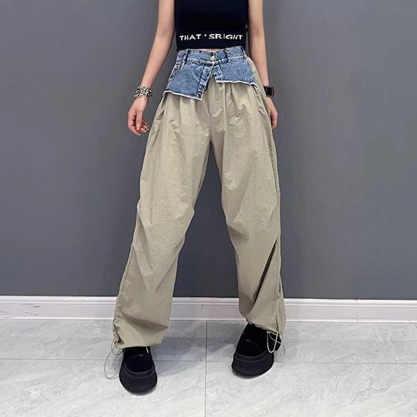 韓国ファッション　切替　カジュアル　ワイド風パンツ