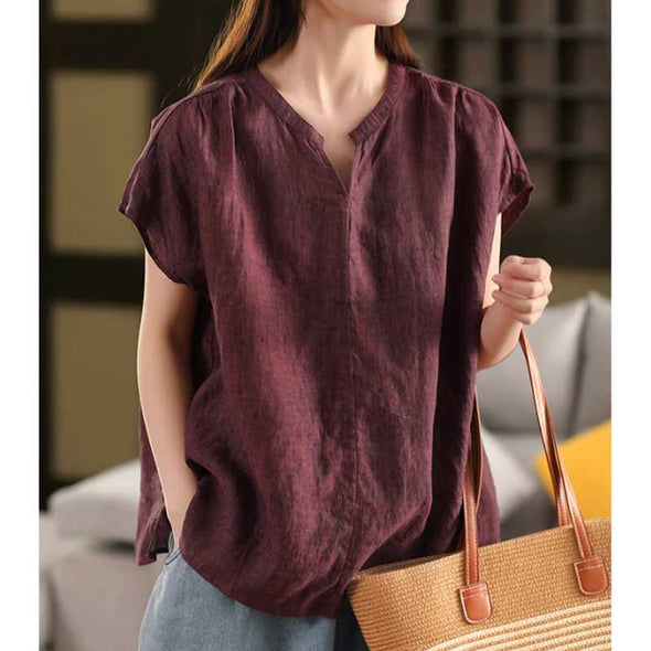 大人かわいい　綿麻　夏　スリットネック　シャツ