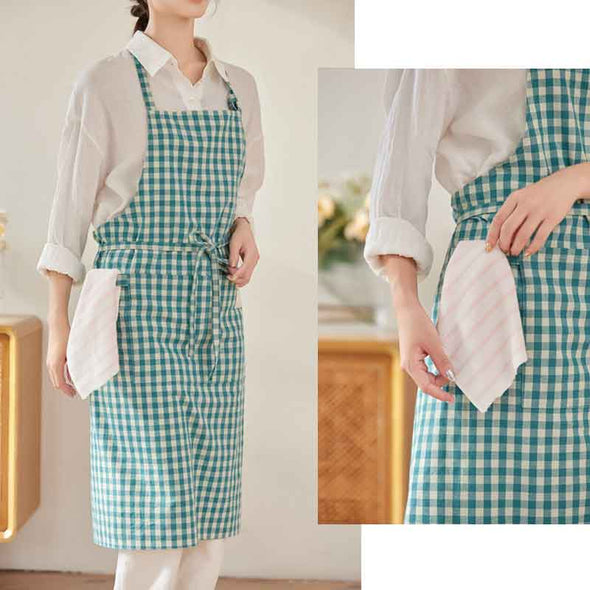大人かわいい　チェック柄　縞々　便利　エプロン　おしゃれ　レストラン　家事　キッチン