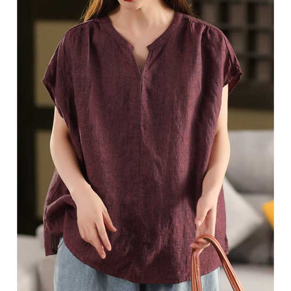 大人かわいい　綿麻　夏　スリットネック　シャツ