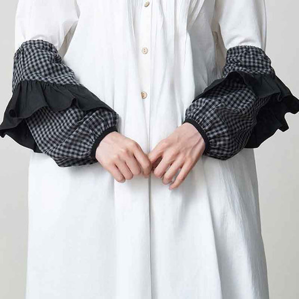 アームカバー　袖カバー　かわいい　チェック柄　フリルデザイン　おしゃれコーデ　花屋　カフェ