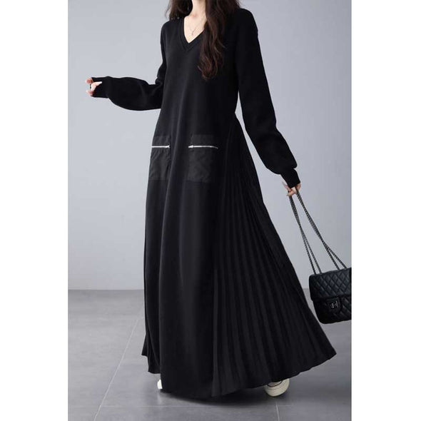 大人かわいい　サイドプリーツ　Ａライン　ロングワンピース　秋　冬　暖かい　ワンピース