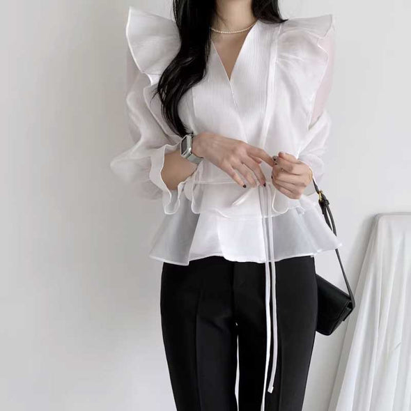 韓国ファッション　フレアデザイン　おしゃれ　かわいい　ブラウス