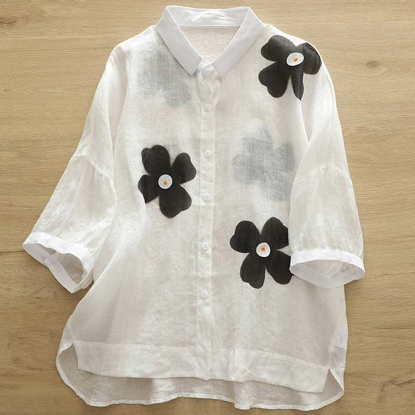 【M~2XL】花柄　かわいいレディースシャツ　テールカット　綿麻　薄手生地　夏シャツ
