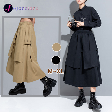 韓国ファッション　Aライン　特徴のあるデザイン　ロングスカート