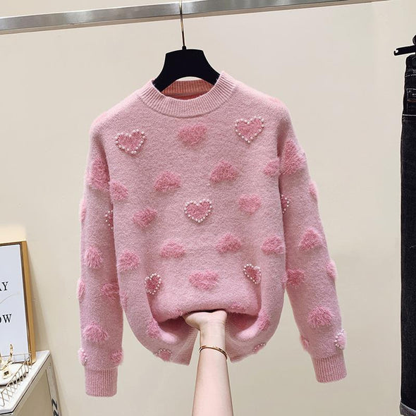 韓国ファッション　ハート模様　かわいい　ビーズ入り　ニットセーター