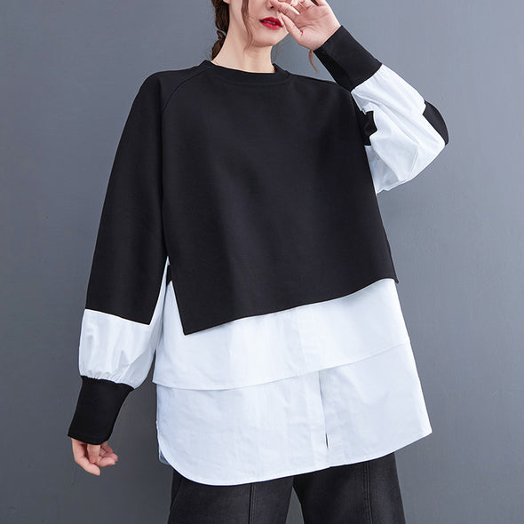 【L.XL】韓国ファッション　切替　ゆるシルエット　レイヤード風　シャツ風トレーナー