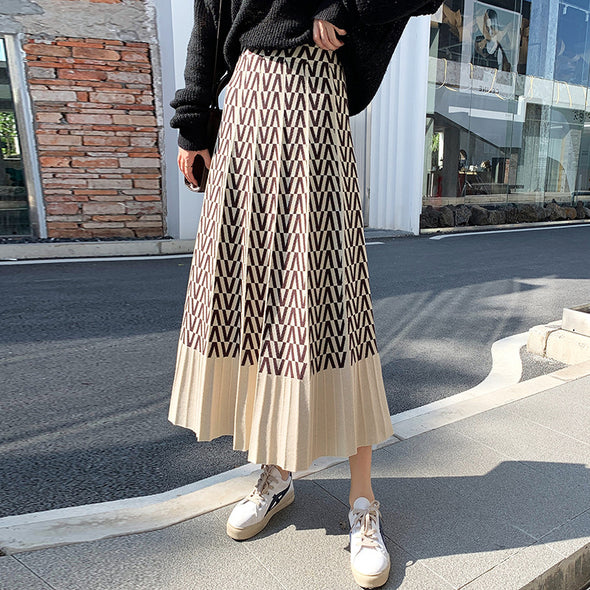 韓国ファッション　フレア　Aライン　不規則柄　プリーツスカート