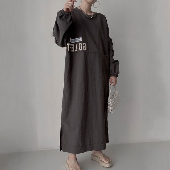 韓国ファッション　プリント　フロントポケット　ロングワンピース