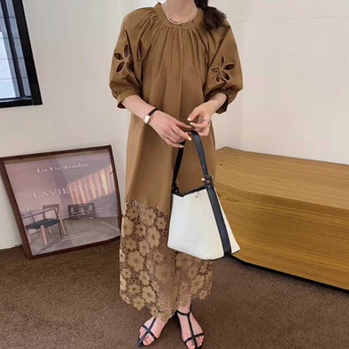 韓国ファッション　フェミニン　バックリボン　レース　透かし彫り　Aラインワンピース