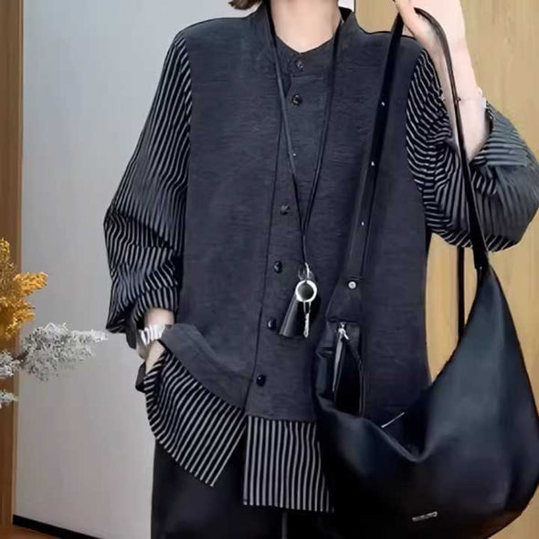 切り替え　カジュアル　抜け感　長袖　レイヤード風　シャツ風