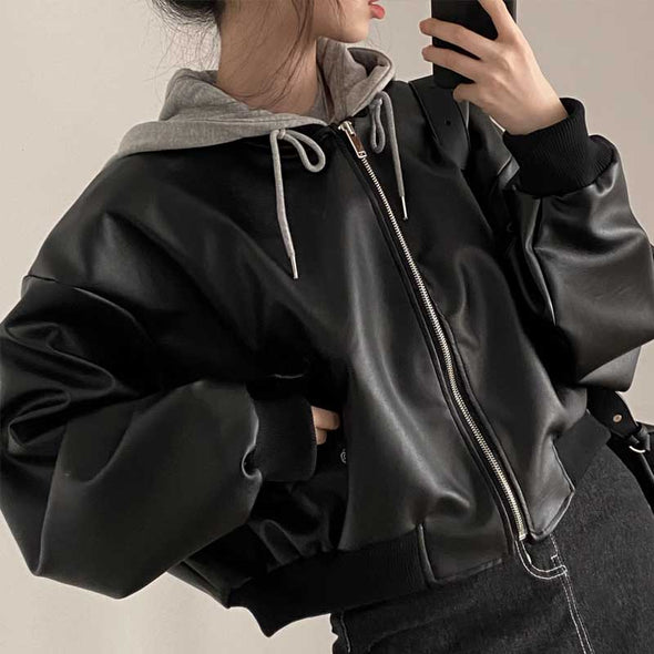 韓国ファッション　切替　レイヤード風　フード付き　革ジャケット　秋冬　防寒力　暖かい　アウター