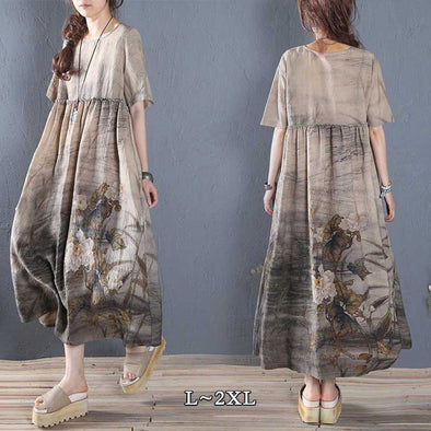 【L~2XL】エスニック　夏ワンピース　ロングワンピース　Aライン　エレガント