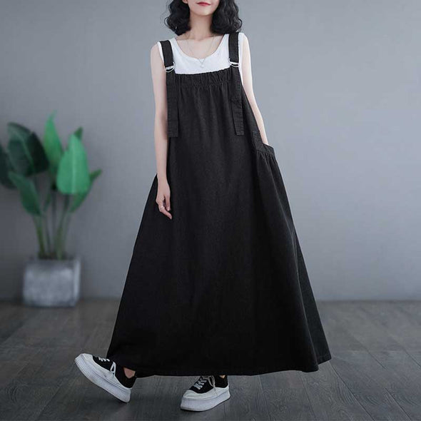韓国ファッション　夏デニム　Aライン　デニムジャンパースカート　デニムワンピース