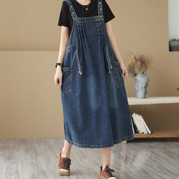 韓国ファッション　デニムサロペットワンピース　タック入り　ジャンパースカート