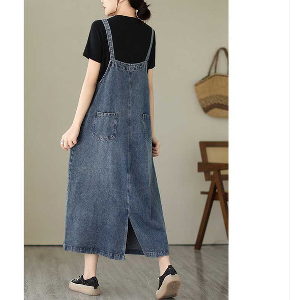 【L~2XL】韓国ファッション　ゆったりサイズ　デニムサロペット　レトロ　夏ワンピース