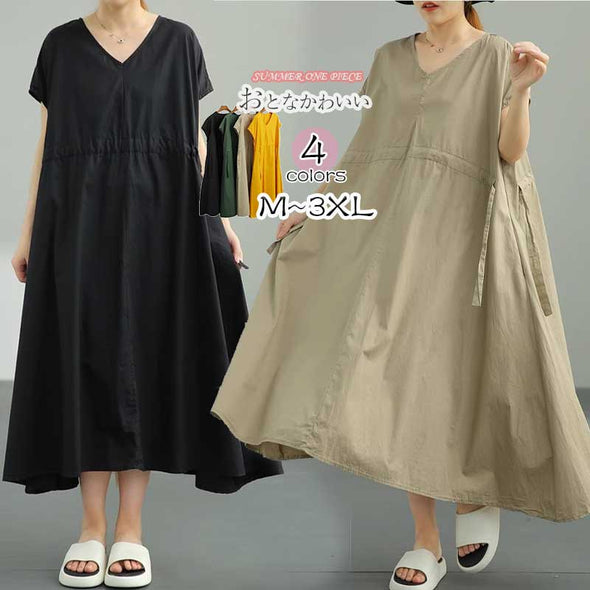 【M~3XL】韓国ファッション　綿麻　ゆったり　着痩せ　Vネック　Aライン　夏ワンピース