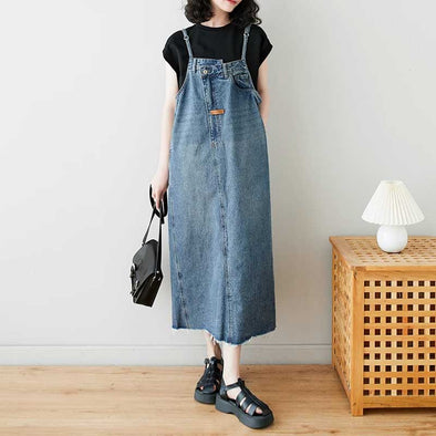 シンプル　韓国ファッション　デニムジャンパースカート　サンドウォッシュ　ロング