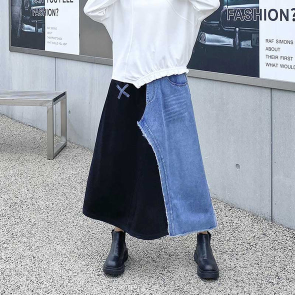 韓国ファッション　異素材切替　デニムスカート　ロングスカート