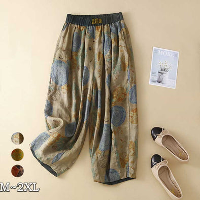 【M~2XL 】エスニック風　カジュアル　綿麻　レトロパンツ　ワイド風パンツ