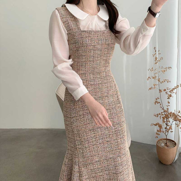 韓国ファッション　おしゃれワンピース　フレア裾　かわいい　チェック柄　人気 　フェミニンワンピース