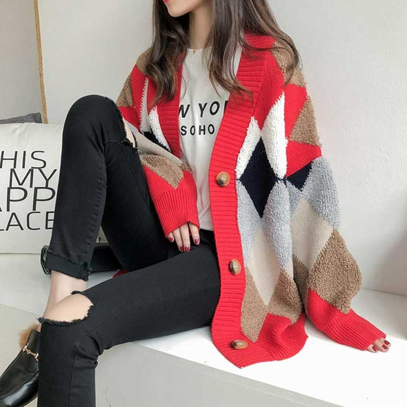 韓国ファッション　ニットカーディガン　チェック柄　ゆったりサイズ　秋冬　おしゃれアウター　羽織