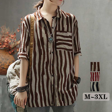 【M~3XL】ストライプ柄　中袖　おしゃれシャツ　夏シャツ　かわいい　ゆったり　人気トップス