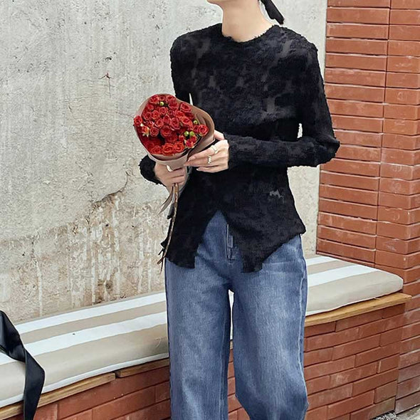 韓国ファッション　フェミニン　長袖　着瘦せ　上品　おしゃれブラウス　カットソー　花レース