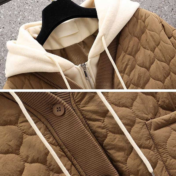 レディースジャケットコート　重ね着風　切替　おしゃれ秋冬アウター　フード付　暖かい　