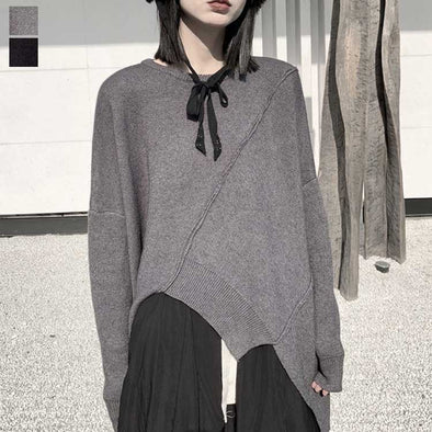 韓国ファッション　アシメ裾　ニットセーター　おしゃれトップス　ゆるシルエット
