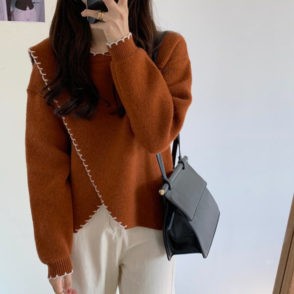 韓国ファッション　オフィスOL風　アシンメトリー裾　ニットセーター　