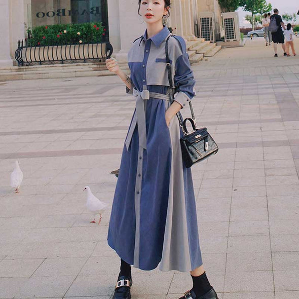 韓国ファッション　配色お洒落　ウエストリボン　Aライン　ロングシャツワンピース　デートワンピース