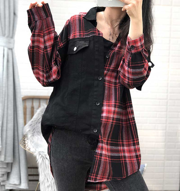 韓国ファッション　チェック柄　切替　デニムジャケット　シャツコート