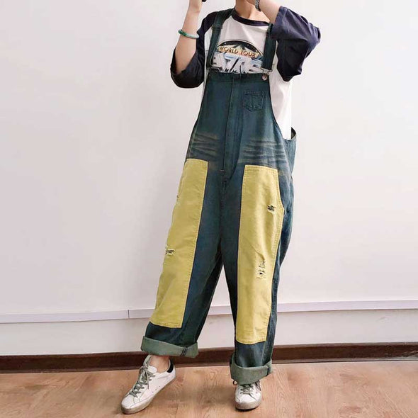 韓国ファッション　おしゃれデニムサロペット　ダメージ加工　切替　かわいいオーバオール