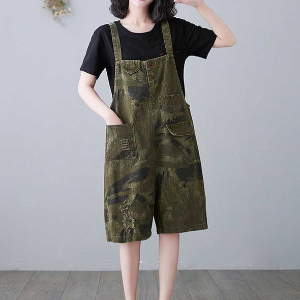 韓国ファッション　迷彩柄　デニムサロペット　夏デニムパンツ　半パンズ　かわいいデニム