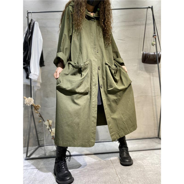 韓国ファッション　ロング丈　トレンチコート　フロントポケット　フード付きコート