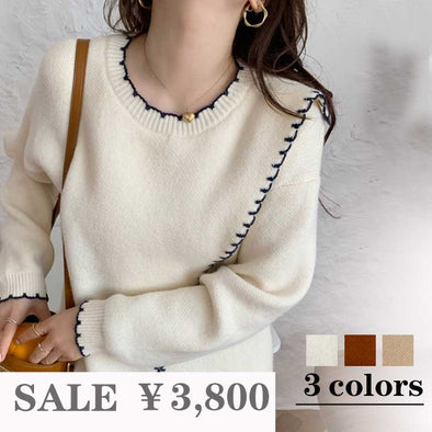 韓国ファッション　オフィスOL風　アシンメトリー裾　ニットセーター　