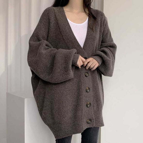 韓国ファッション　ニットカーディガン　ゆったりサイズ　おしゃれニットコート　ボリューム袖
