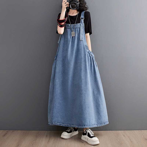 韓国ファッション　かわいい　Aライン　大きめポケット　夏デニムワンピース　ジャンパースカート