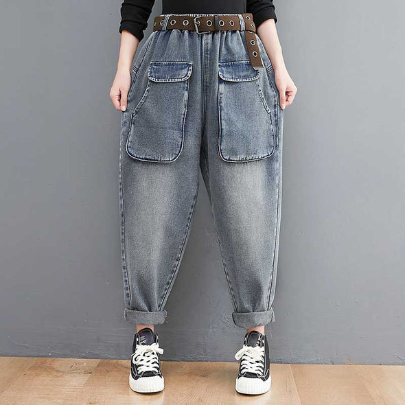 韓国ファッション　ベルト付き　大きめポケット　ワイド風 　デニムパンツ　おしゃれボトムス　かわいいデニム