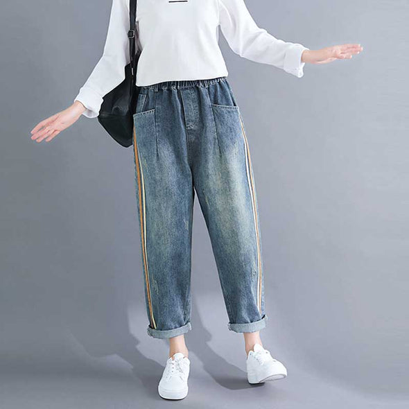 韓国ファッション　サイドライン　デニムパンツ　ハーレム風　おしゃれデニムボトムス