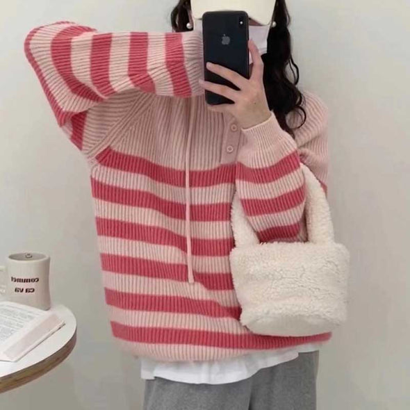 ストライプ柄　フード付　ニットセーター　韓国ファッション　かわいいニットセーター　人気　セーター
